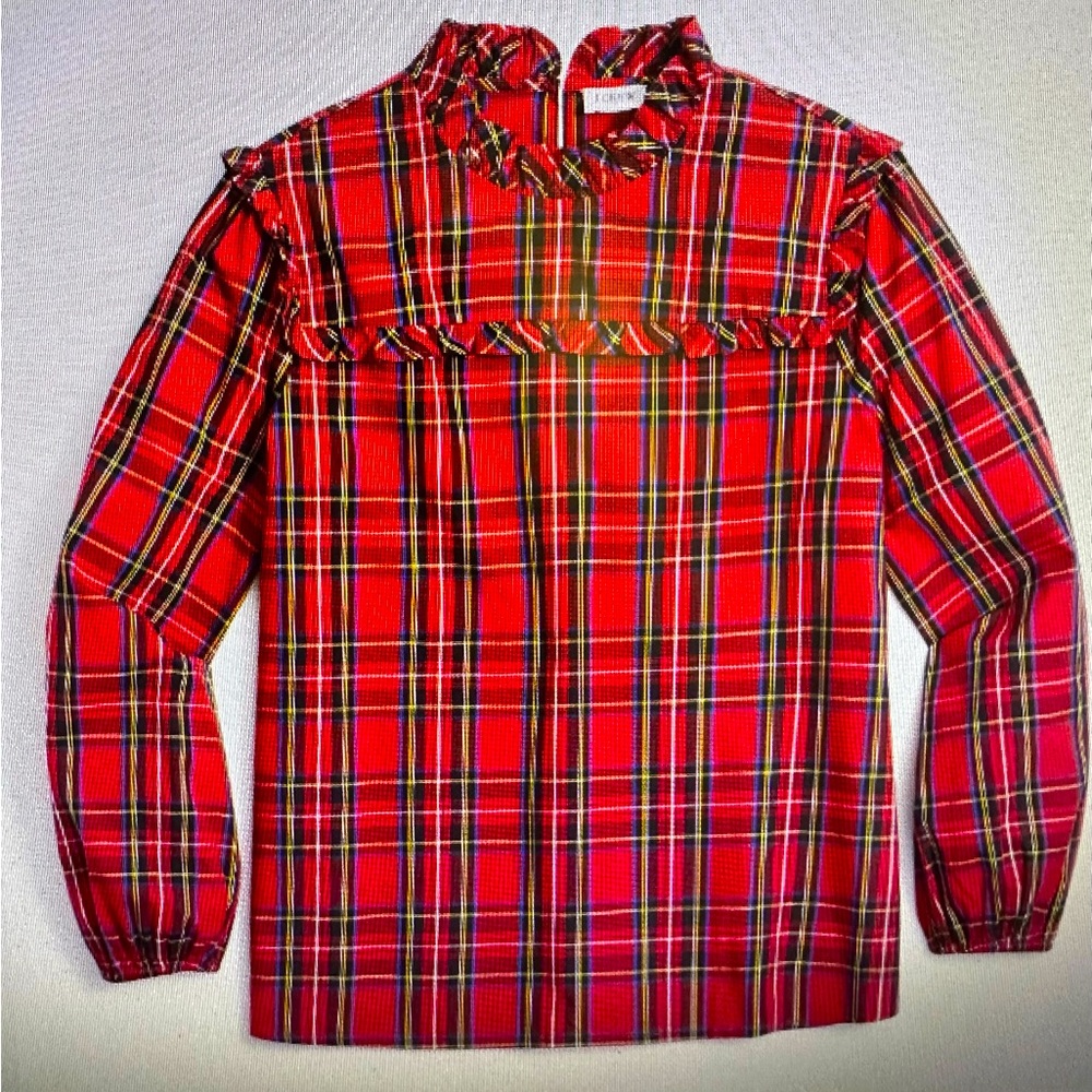 Holiday! J.Crew tartan cotton Poplin top with ruffles, size XL, NWT